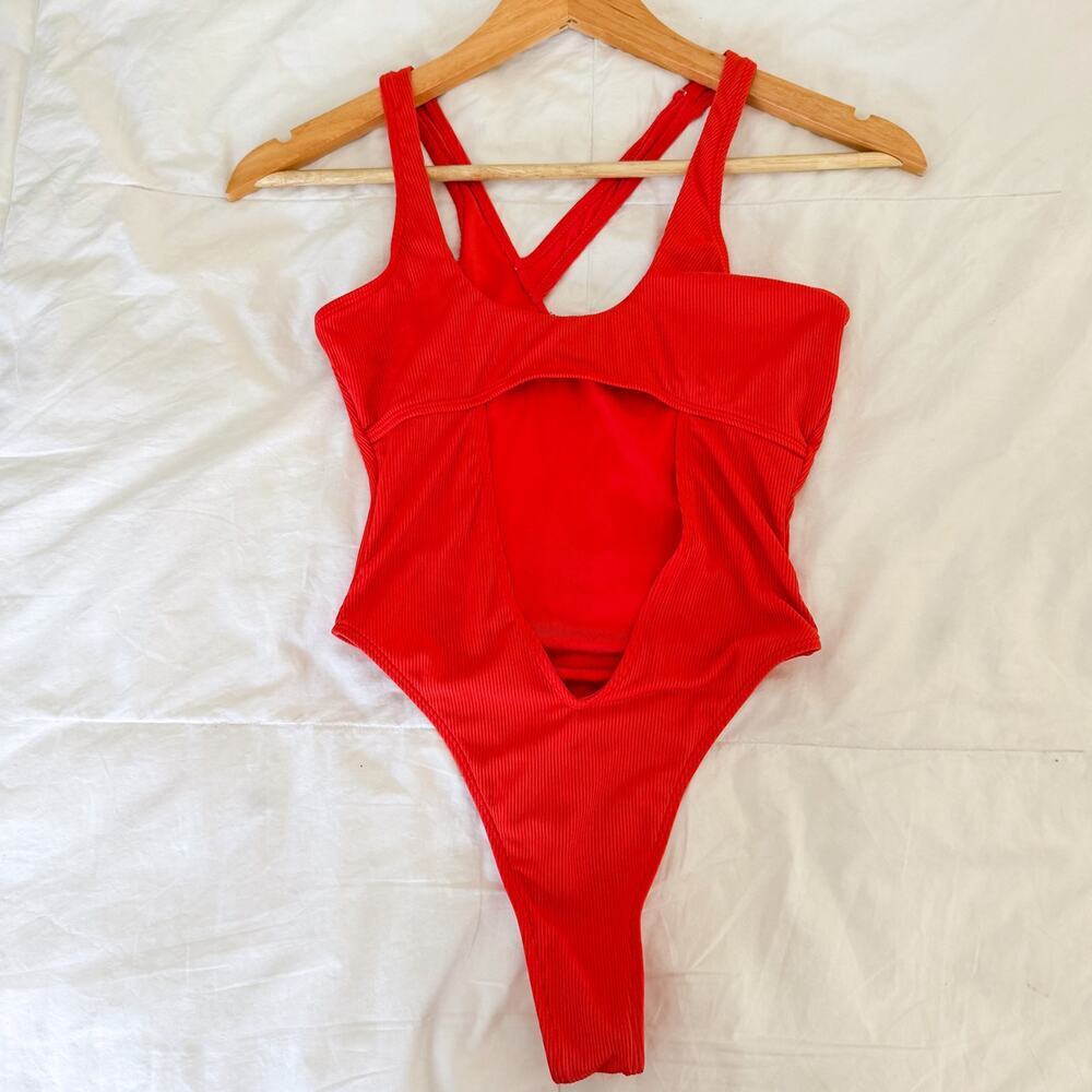 Icon Swim Neon Red Orange Ribbed Cutout One Piece Thong Swimsuit Small